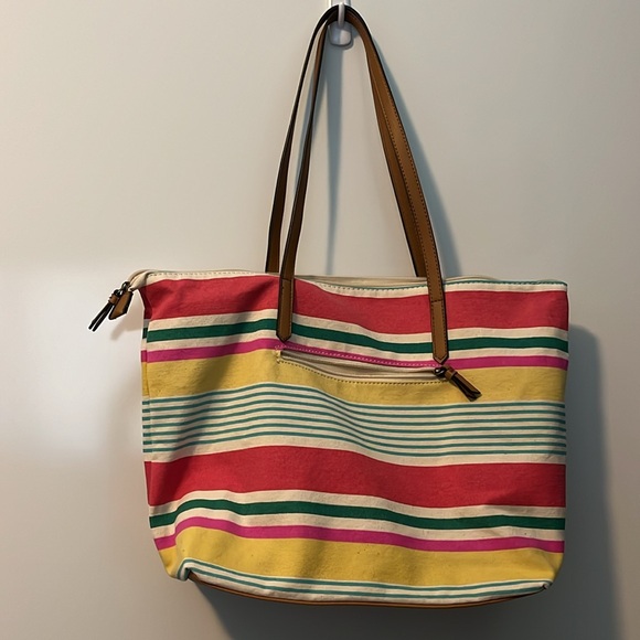 NWT Sonoma Multi Stripe Cotton Zip Faux Leather Tote - Picture 8 of 14